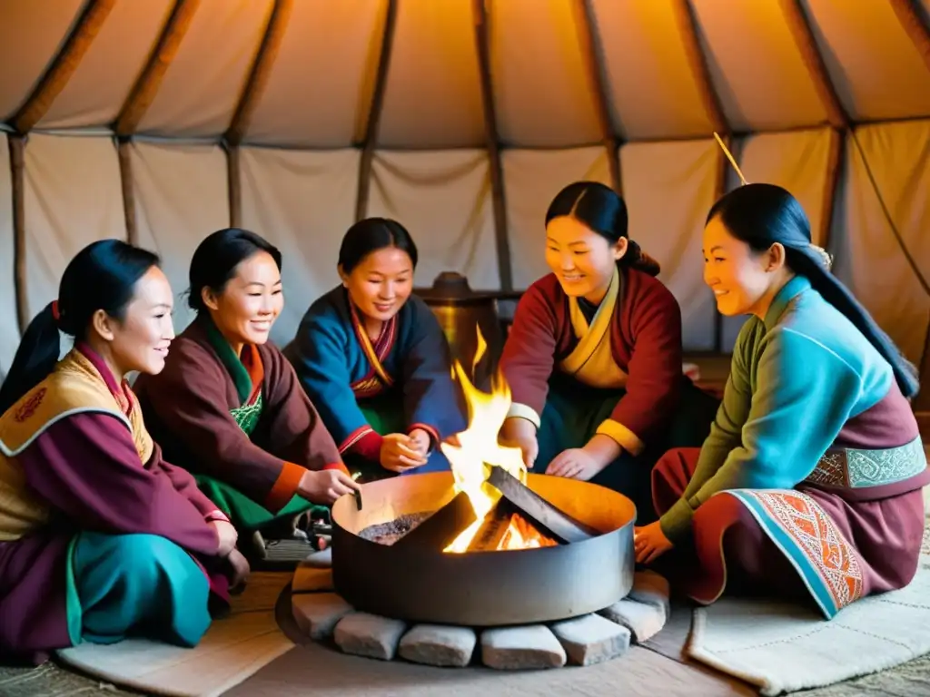 Mujeres en el Imperio Mongol: Mujeres mongolas realizando tareas domésticas en una yurta tradicional, compartiendo fuerza y comunidad