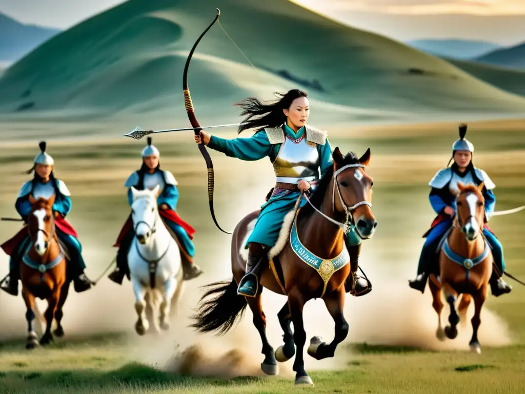 Mujeres en el Imperio Mongol: Poderosas guerreras montadas, rodeadas de vastas estepas, reflejando fuerza y determinación