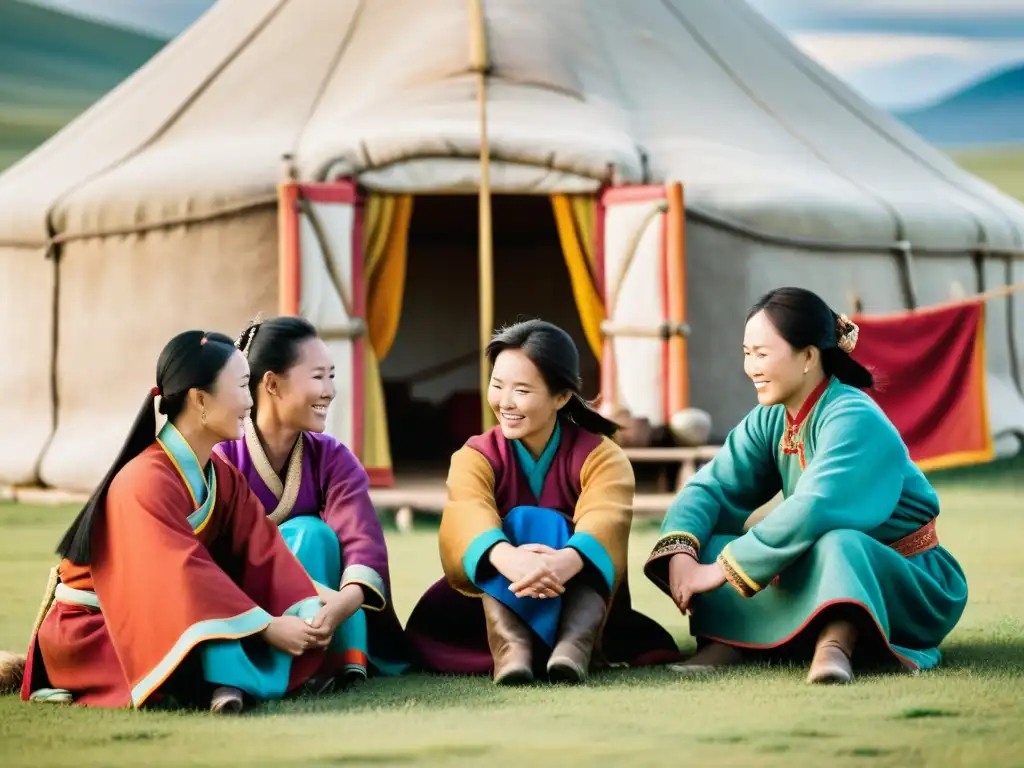 Mujeres en el Imperio Mongol: retrato de mujeres mongoles tradicionales, sentadas y charlando frente a una yurta en las extensas praderas de Mongolia