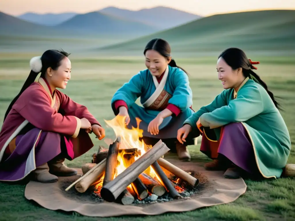 Mujeres en el Imperio Mongol: retrato de mujeres mongolas en la estepa, cocinando, cuidando ganado y compartiendo historias alrededor de una fogata