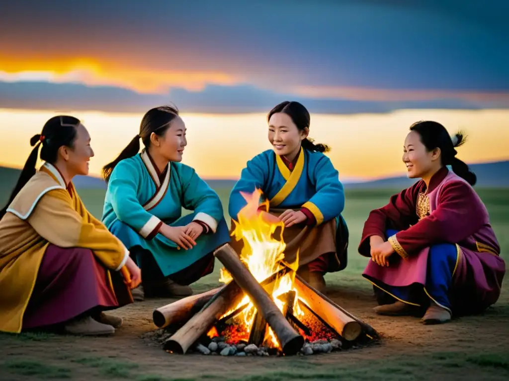 Mujeres en el Imperio Mongol reunidas alrededor de una fogata al atardecer, vistiendo trajes tradicionales, exudando sabiduría y comunidad