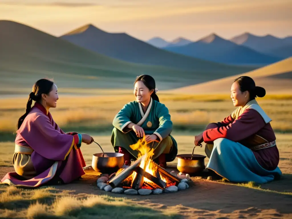 Mujeres en el Imperio Mongol reunidas alrededor de un campamento, cocinando, contando historias y cuidando del ganado, con la estepa mongola de fondo en tonos dorados al atardecer