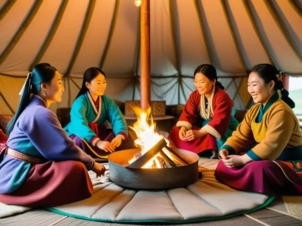 Mujeres en el Imperio Mongol reunidas alrededor del fuego en una yurta, mostrando su cultura y fuerza en sus quehaceres diarios