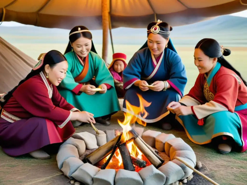 Mujeres en el Imperio Mongol reunidas en torno al fuego, vistiendo atuendos tradicionales y participando en actividades culturales y domésticas