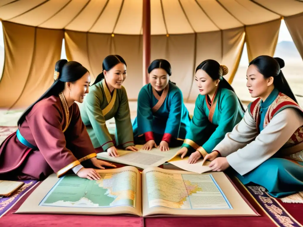 Mujeres en el Imperio Mongol reunidas en una tienda lujosa, discutiendo estrategias con mapas y documentos