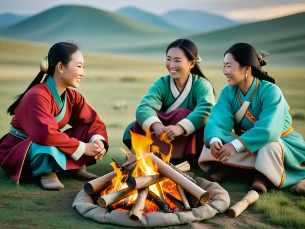 Mujeres en el Imperio Mongol reunidas alrededor de un fuego en la estepa, realizando actividades tradicionales como cocina, artesanía y cuidado del ganado, en un paisaje natural evocador de autenticidad y riqueza cultural