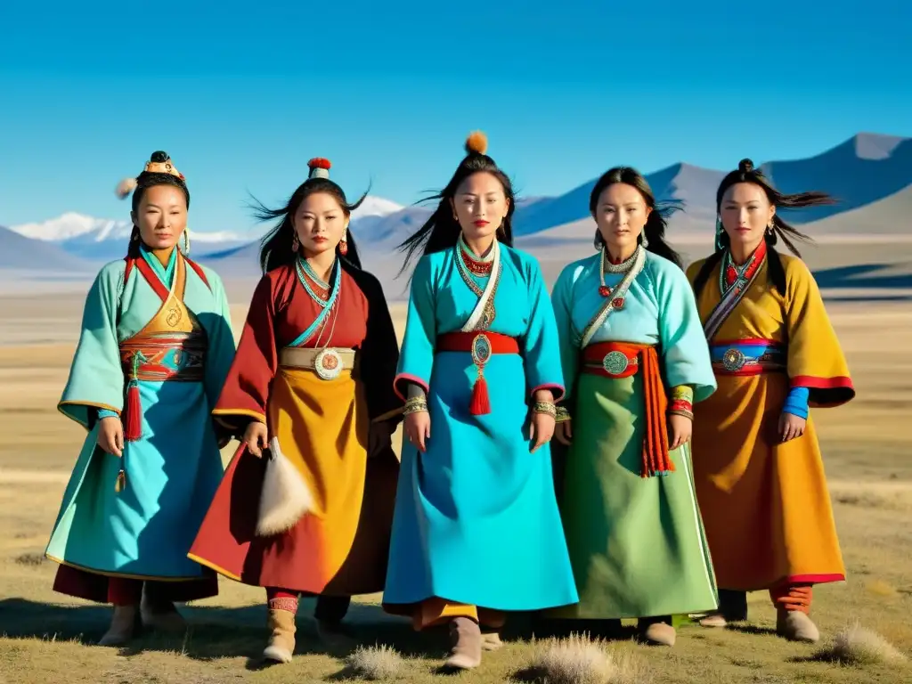 Mujeres chamán en el Imperio Mongol realizando ritual en la vasta estepa bajo cielo azul