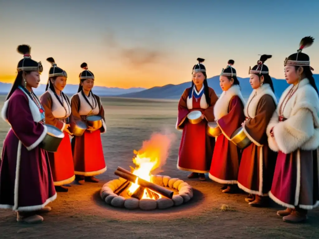 Mujeres chamán en el Imperio Mongol realizando ritual alrededor del fuego en la estepa, bajo un cielo estrellado y místico