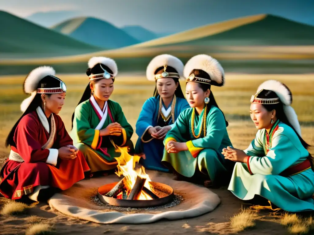 Mujeres Chamán en el Imperio Mongol realizando un ritual alrededor de un fuego sagrado en la vasta estepa mongol, con atuendos tradicionales y una atmósfera mística