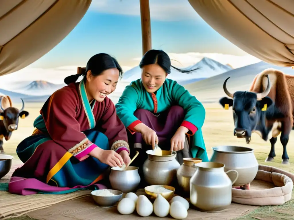 Mujeres en el Imperio Mongol realizando tareas diarias tradicionales en la estepa, con detalles vívidos y paisaje impresionante