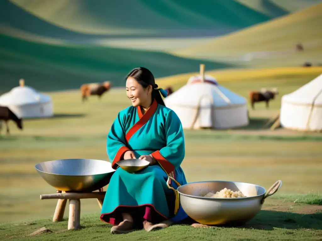 Mujeres en el Imperio Mongol realizando tareas diarias, rodeadas de la vasta naturaleza y vestidas con trajes tradicionales vibrantes