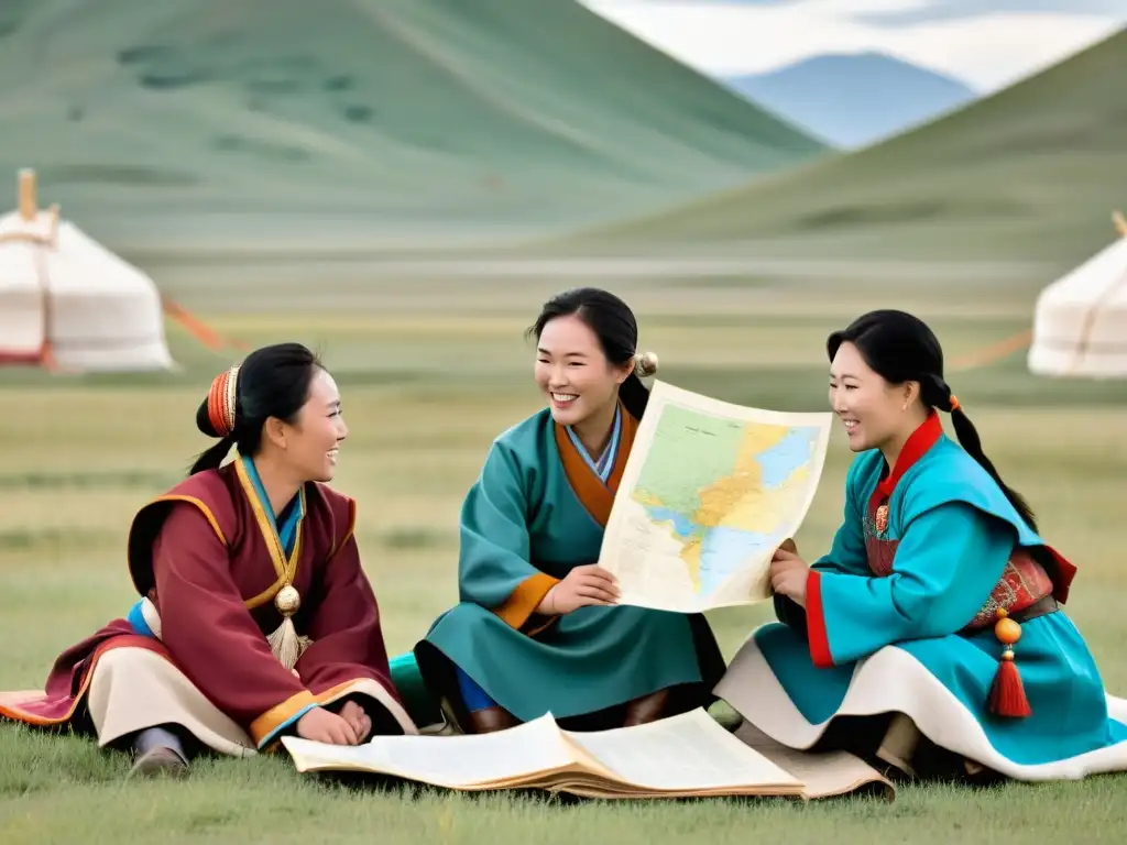 Mujeres en el Imperio Mongol participando en la toma de decisiones políticas, rodeadas de la vasta estepa y las montañas distantes