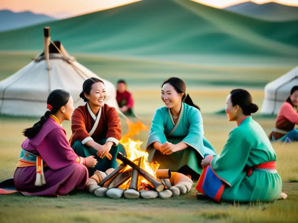 Mujeres líderes en comunidades nómadas: Grupo de mujeres mongolas vestidas con atuendos tradicionales, reunidas alrededor de una fogata en las extensas estepas de Mongolia, transmitiendo fuerza y comunidad