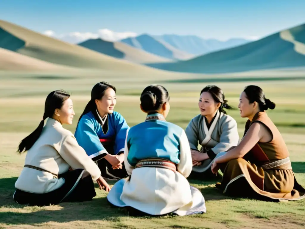 Mujeres líderes en comunidades nómadas: retrato en blanco y negro de mujeres mongoles, expresando determinación y sabiduría en profunda conversación, con paisaje mongol al fondo