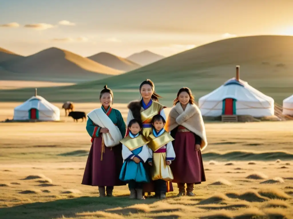 Mujeres líderes en comunidades nómadas: Grupo de mujeres mongoles en atuendos tradicionales, junto a sus yurtas, mostrando fuerza y determinación