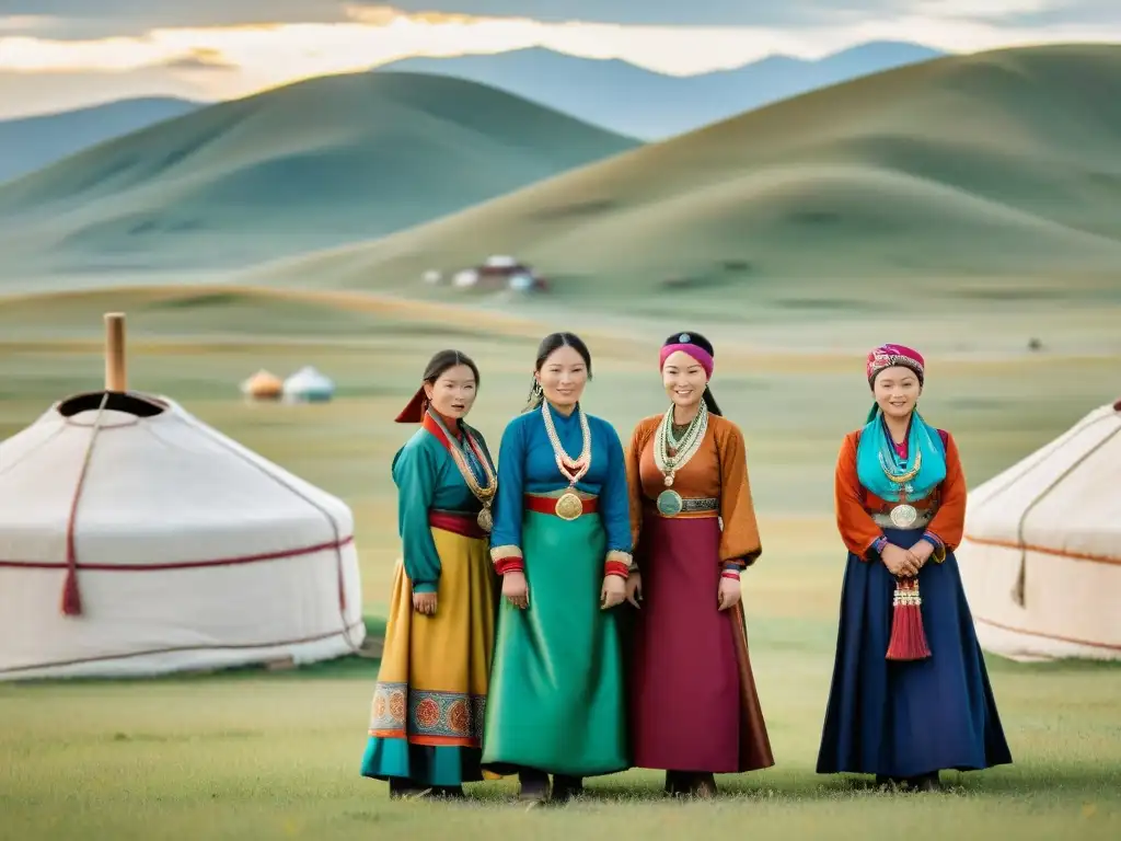 Mujeres líderes en comunidades nómadas: Grupo de mujeres mongoles en atuendos tradicionales, exhibiendo fortaleza y resiliencia frente a una yurta en las vastas praderas, con un paisaje mongol impresionante de fondo