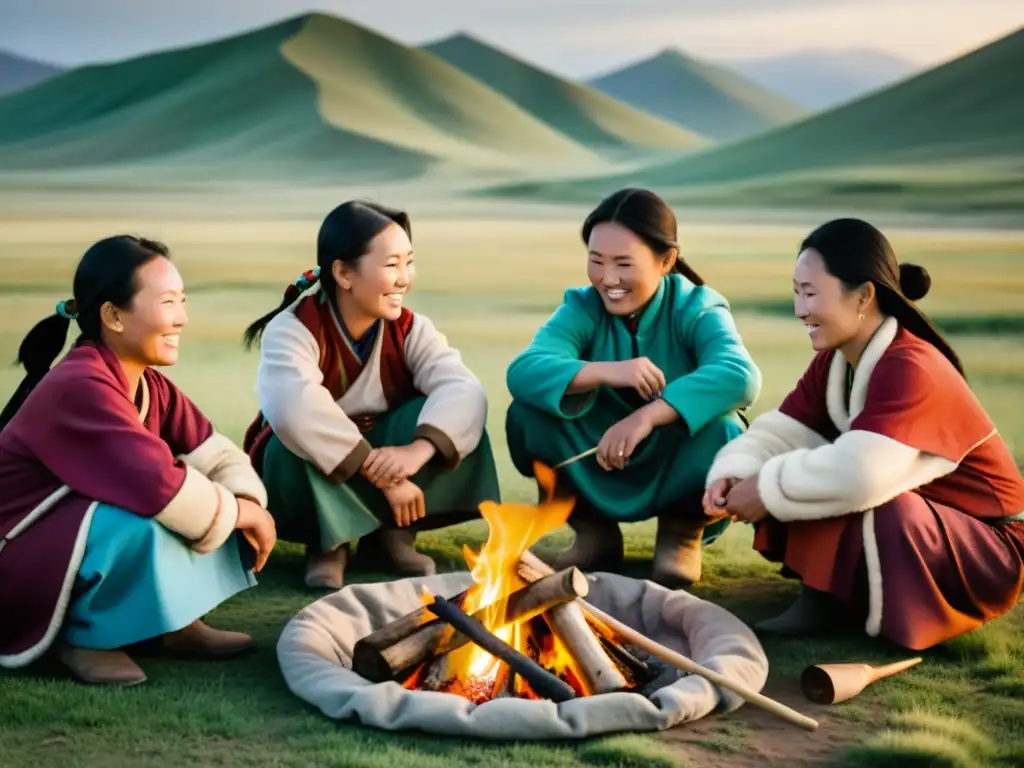 Mujeres líderes en comunidades nómadas, reunidas alrededor del fuego en la vasta estepa mongola, cocinando, contando historias y cuidando del ganado, demostrando fuerza y unidad en su modo de vida tradicional