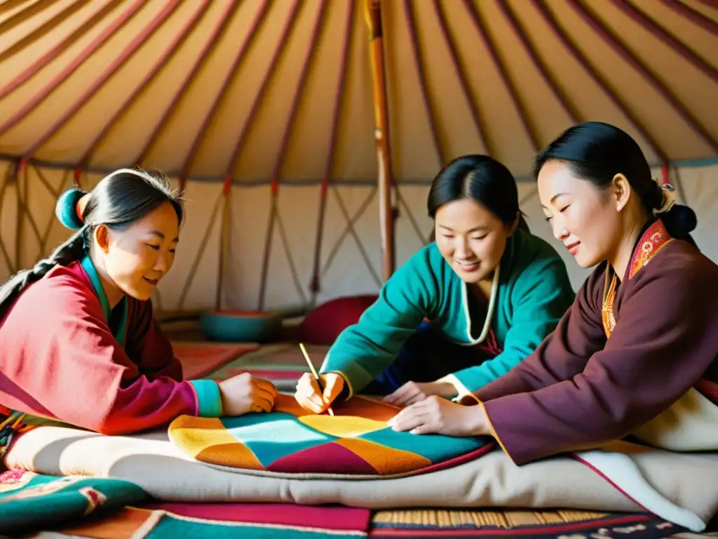 Mujeres líderes en comunidades nómadas: grupo de mujeres mongolas creando patrones en alfombras de fieltro en una yurta iluminada por luz natural