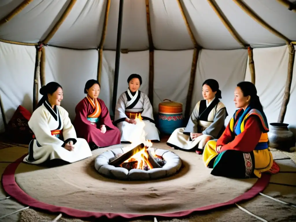 Mujeres en la administración mongola: Grupo de mujeres mongolas vestidas con atuendos tradicionales, reunidas alrededor de un fuego en un ger, expresando autoridad y sabiduría