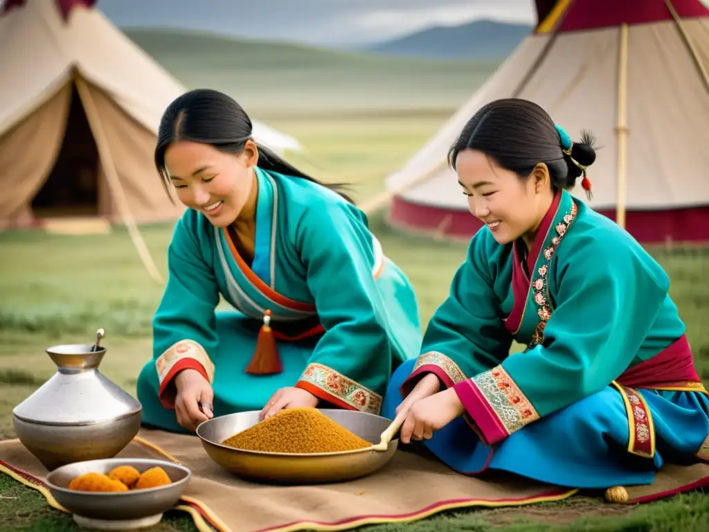 Mujeres mongolas participan en actividades diarias en la estepa durante las conquistas, mostrando su resiliencia y habilidades