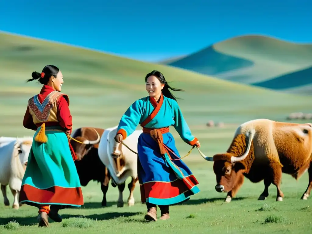 Mujeres mongolas realizando actividades económicas tradicionales en la estepa mongol