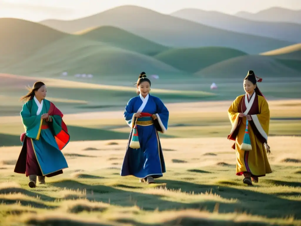 Mujeres mongolas realizando ceremonia religiosa en las praderas, rodeadas de banderas de oración