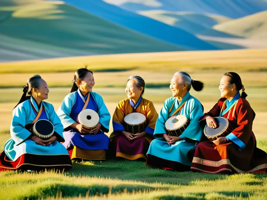 Mujeres mongolas en deels coloridos tocan música tradicional bajo el cielo abierto, transmitiendo historias de poder y sabiduría cultural