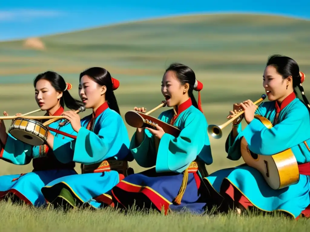 Mujeres mongolas tocando música tradicional en la estepa, con trajes vibrantes, expresiones enfocadas y paisaje sereno