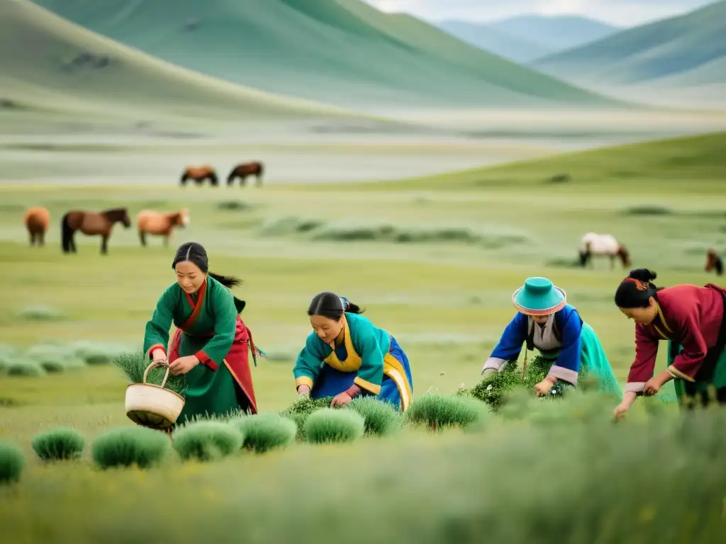 Mujeres mongolas recolectando plantas medicinales en las praderas, en una escena serena de prácticas de salud tradicionales