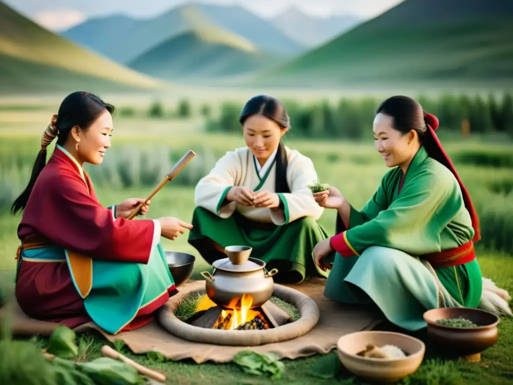 Mujeres mongolas preparando prácticas de salud tradicionales con hierbas y té en paisaje sereno