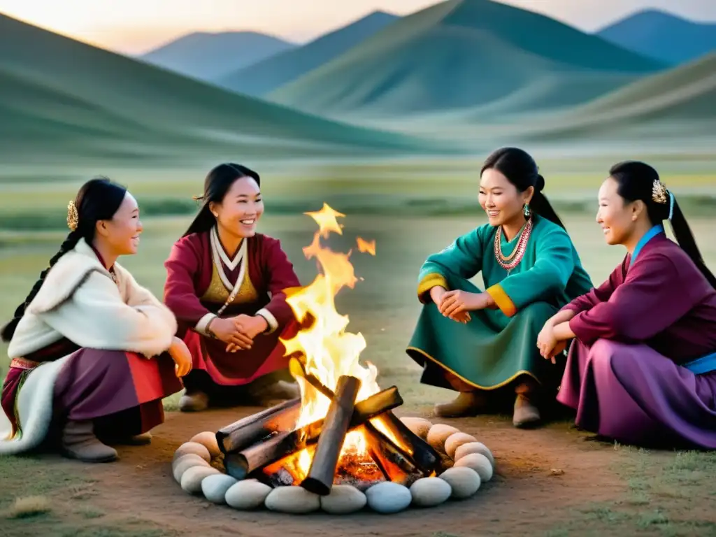 Mujeres mongolas reunidas alrededor de un fuego en la estepa, mostrando el rol de mujeres en el Imperio Mongol