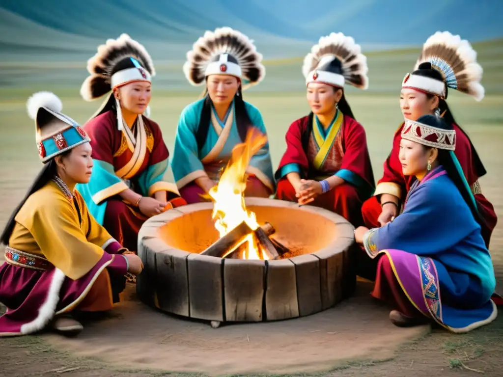 Mujeres chamanas mongolas realizan ritual sagrado alrededor del fuego en la estepa, simbolizando el poder y la espiritualidad ancestral