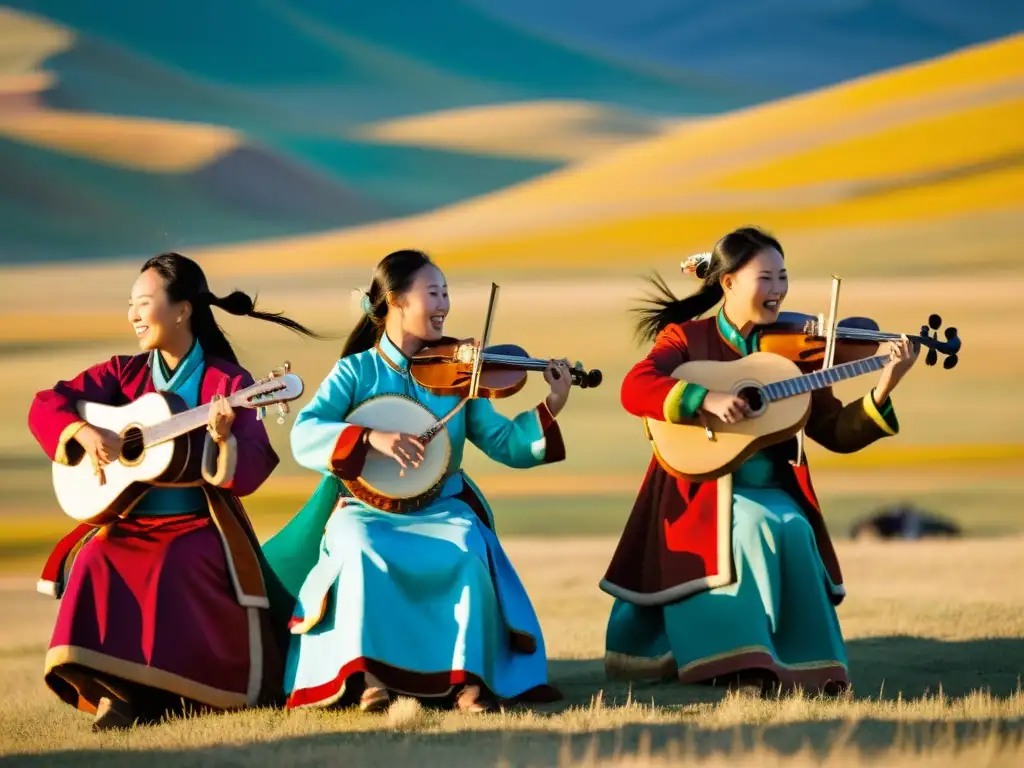 Mujeres mongolas visten trajes tradicionales, tocan morin khuur y cantan en la vasta naturaleza, mostrando el poder femenino en la música mongola