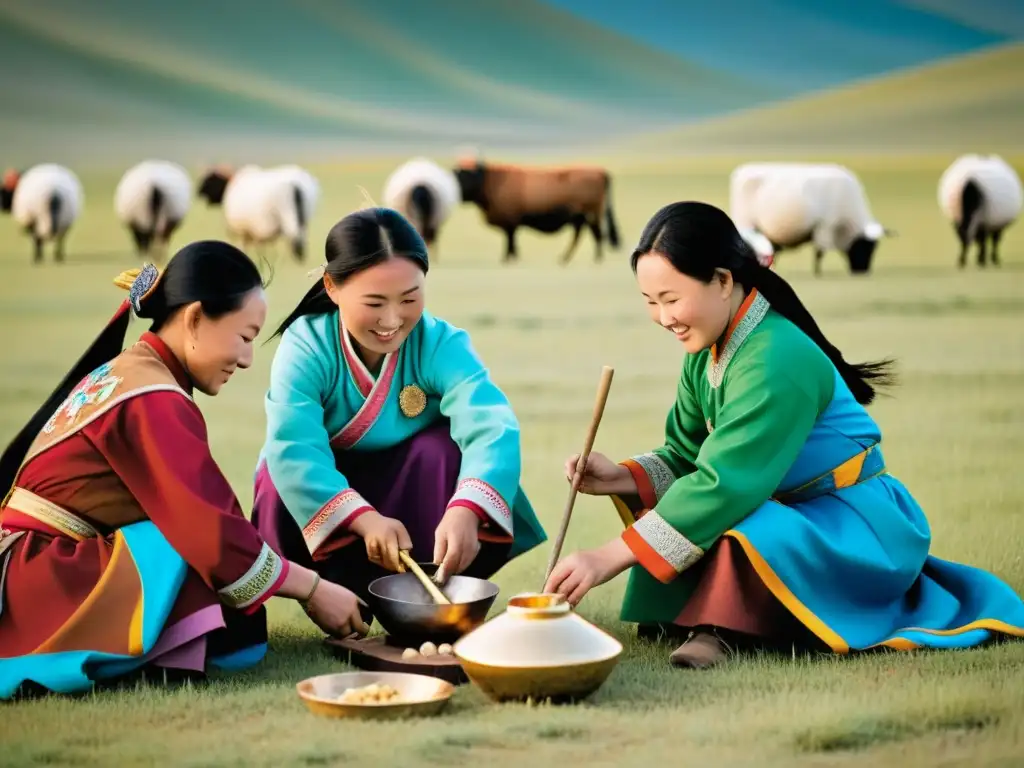 Mujeres mongoles realizando actividades tradicionales en la estepa, destacando la importancia de las mujeres en el Imperio Mongol