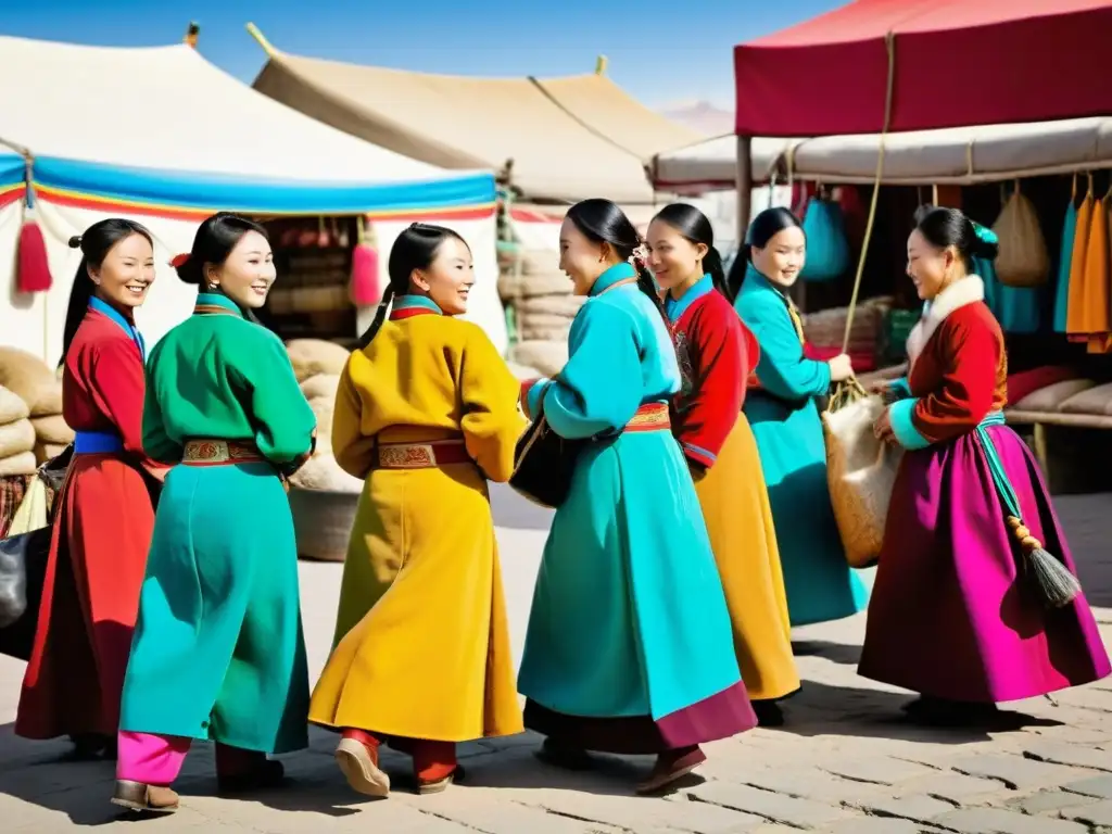 Mujeres mongoles en el comercio, intercambiando bienes en un animado mercado de la ciudad histórica