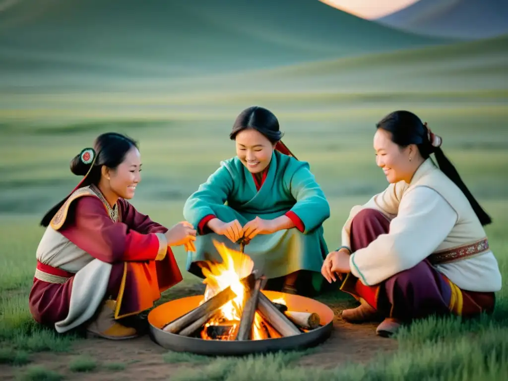 Mujeres mongoles en comunidad alrededor de fogata en la estepa, demostrando la fuerza y resiliencia femenina a lo largo de la historia