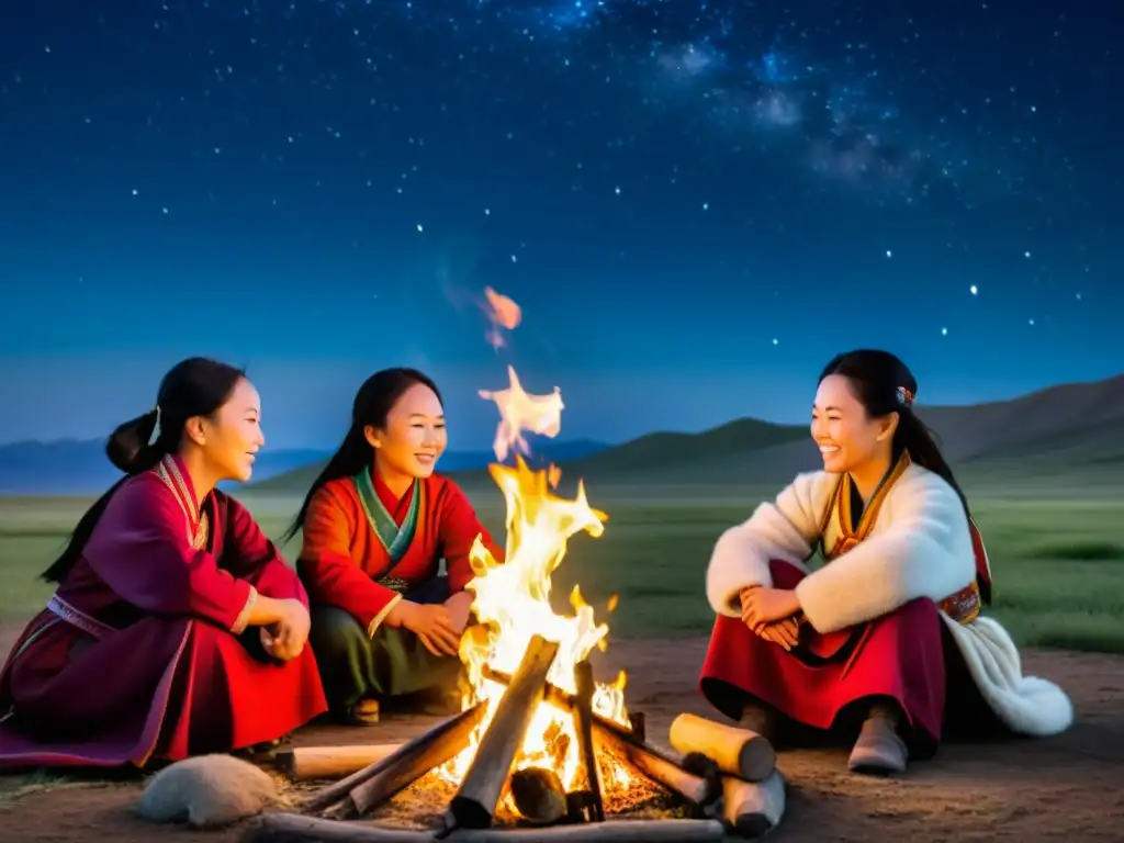 Mujeres mongoles comparten sabiduría alrededor de la fogata bajo el cielo estrellado en la estepa, evocando representaciones de género en Mongolia