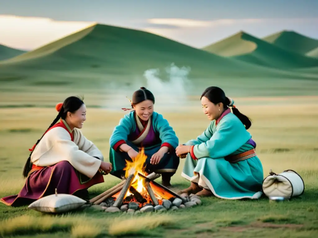 Mujeres mongoles en la estepa, cocinando, cosiendo y cuidando el ganado