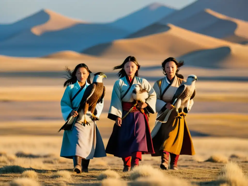 Mujeres mongoles con halcones, reflejando la importancia de las mujeres en el Imperio Mongol