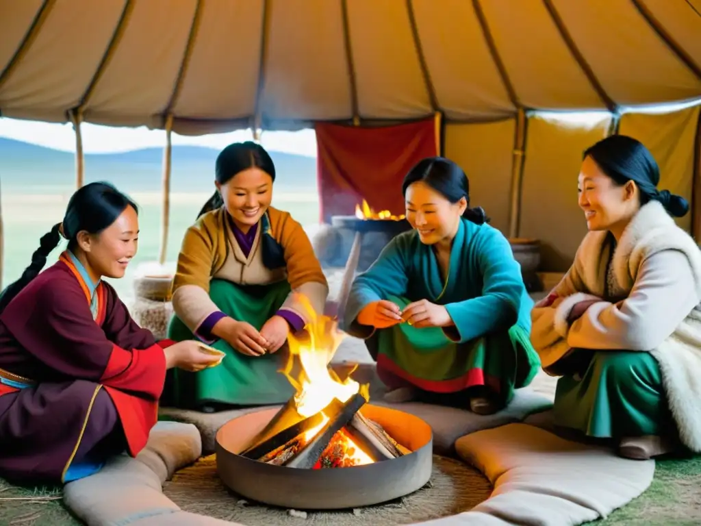 Mujeres mongoles preparando medicinas herbales en una yurta, mostrando prácticas de salud mujeres mongoles en un ambiente auténtico y vibrante