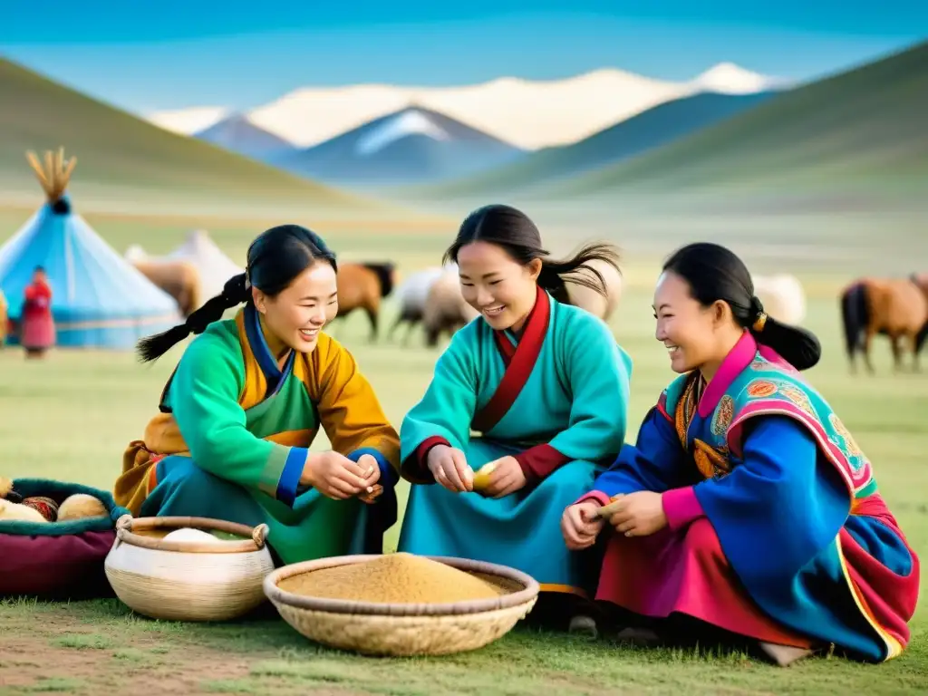 Mujeres mongoles en el mercado, mostrando los roles de las mujeres Mongoles en la economía y la cultura