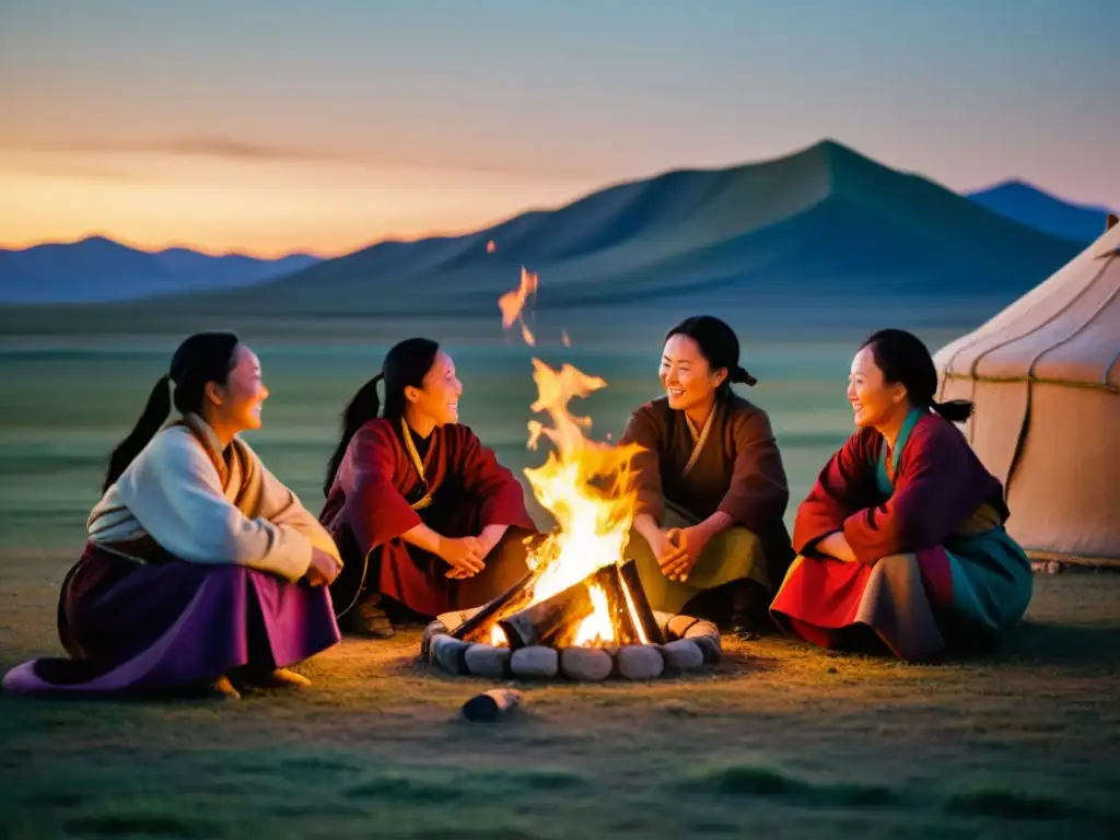 Mujeres mongoles reunidas alrededor de una fogata en las vastas llanuras de Mongolia, reflejando el rol de las mujeres mongoles en su comunidad