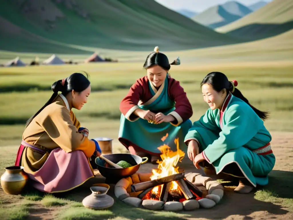 Mujeres mongoles reunidas alrededor del fuego, mostrando la importancia mujeres en Imperio Mongol, en medio del paisaje vasto y agreste de Mongolia