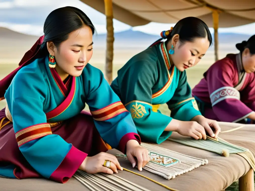 Mujeres mongoles tejiendo textiles y joyería tradicional en la estepa, destacando los roles de las mujeres en el Imperio Mongol