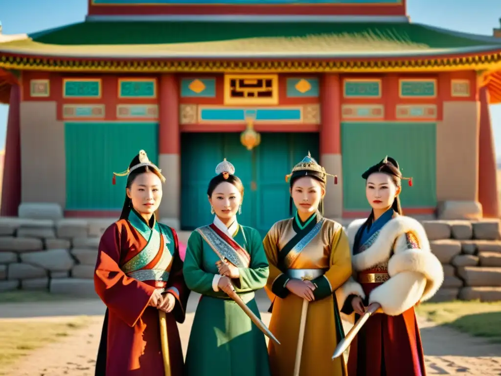 Mujeres mongoles con trajes tradicionales frente a edificio histórico, destacando su participación en las conquistas mongolas