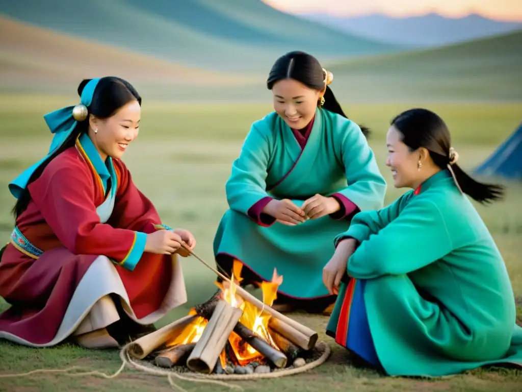 Mujeres en la educación mongola: Grupo de mujeres mongolas en la estepa, creando artesanías tradicionales alrededor de una fogata al atardecer