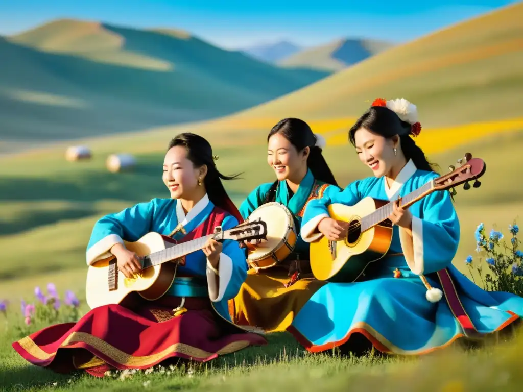 Mujeres músicas mongolas visten trajes tradicionales, tocan instrumentos en pradera con colinas y cielo azul