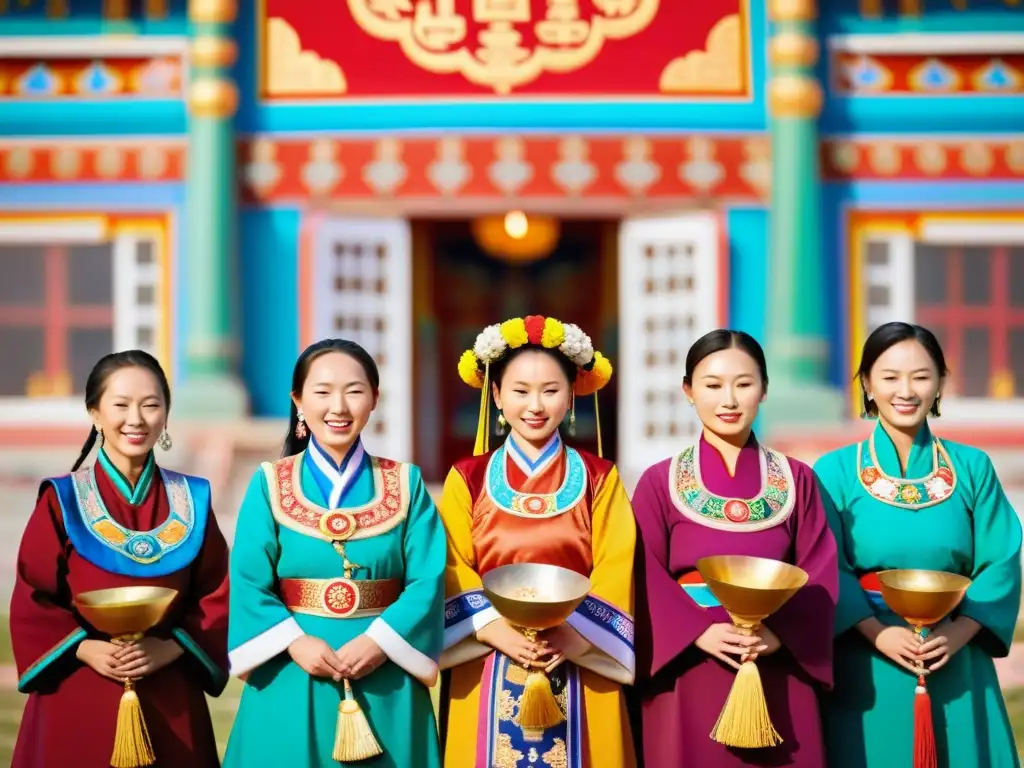 Mujeres en el sincretismo mongol participando en ceremonia religiosa con ofrendas y vestimenta tradicional, iluminadas por cálida luz del templo