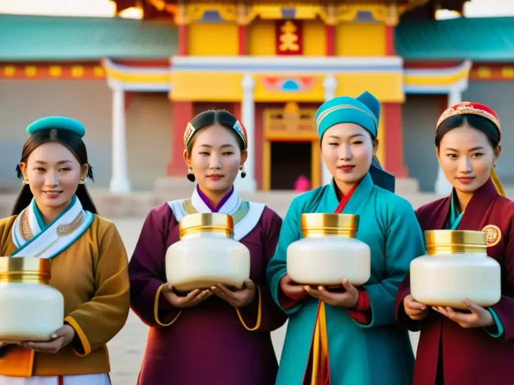 Mujeres en el sincretismo mongol: grupo de mujeres mongolas en trajes tradicionales coloridos frente a un templo budista, ofreciendo leche y pan al atardecer en la estepa mongola