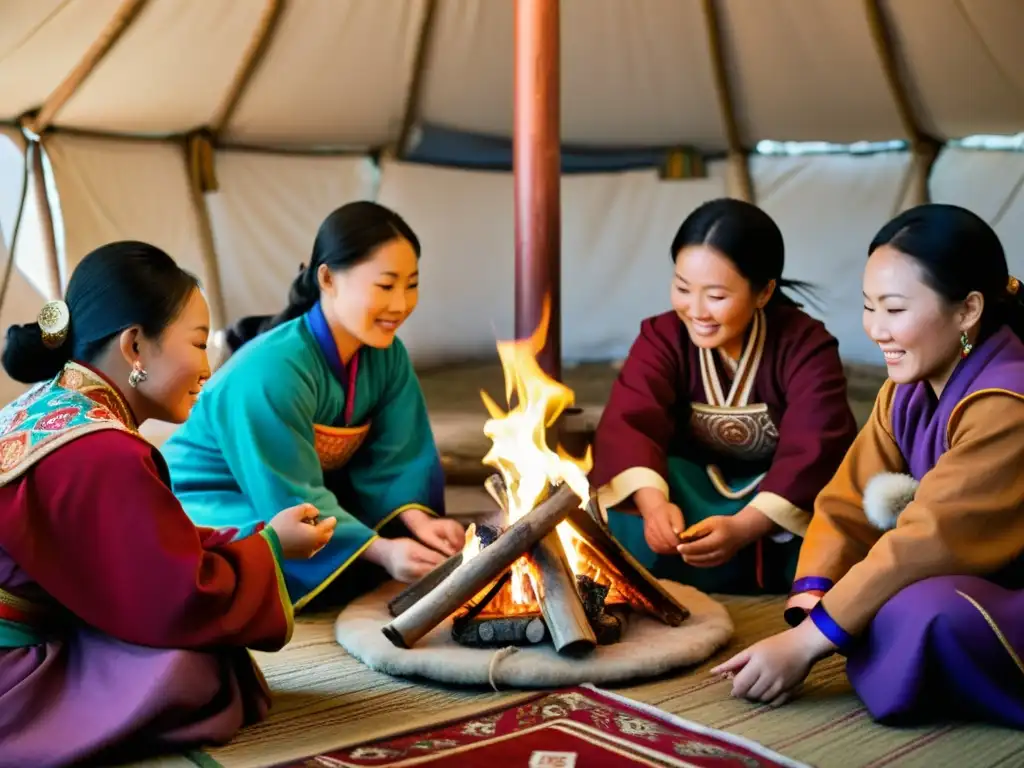 Mujeres en el sincretismo mongol: grupo de mujeres mongolas realizando ritual en yurta, con fuego y textiles coloridos